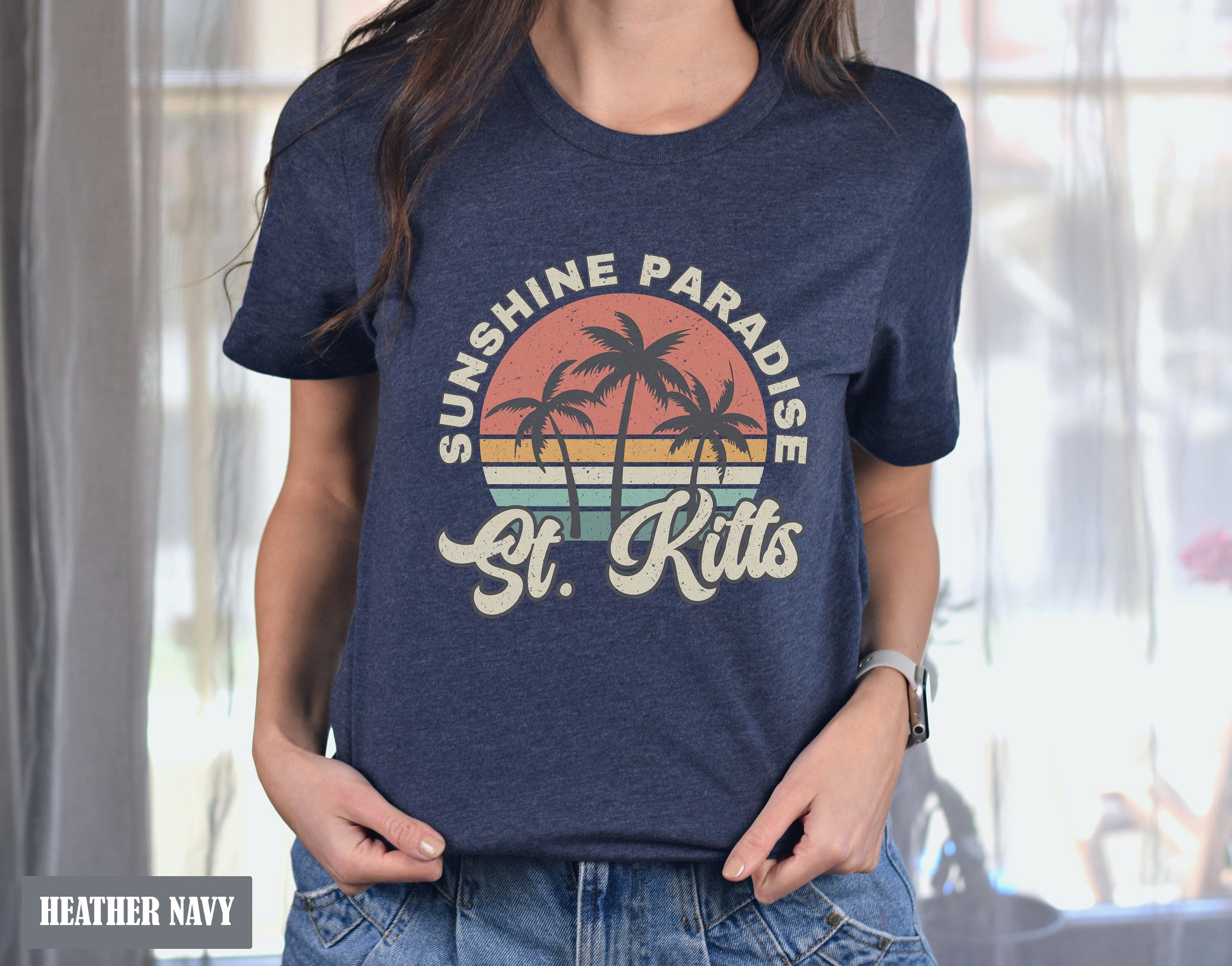 a woman wearing a shirt that says sunshine paradise st kitts