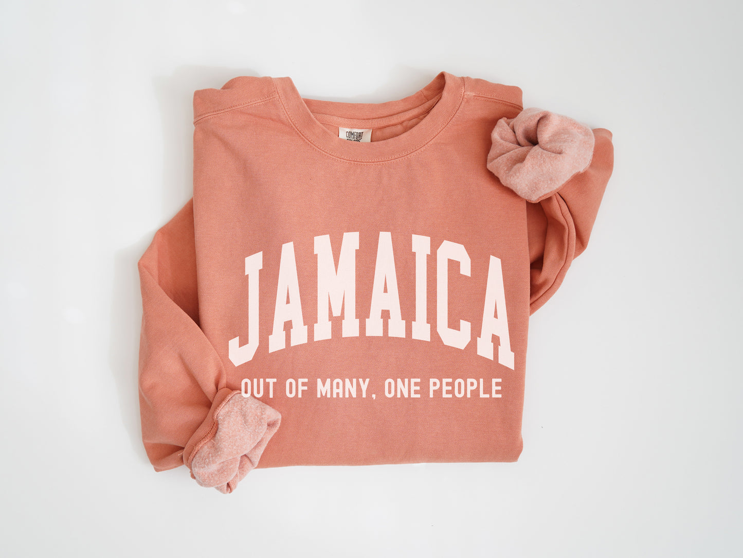 a pink sweatshirt with the words jamaica out of many one people on it