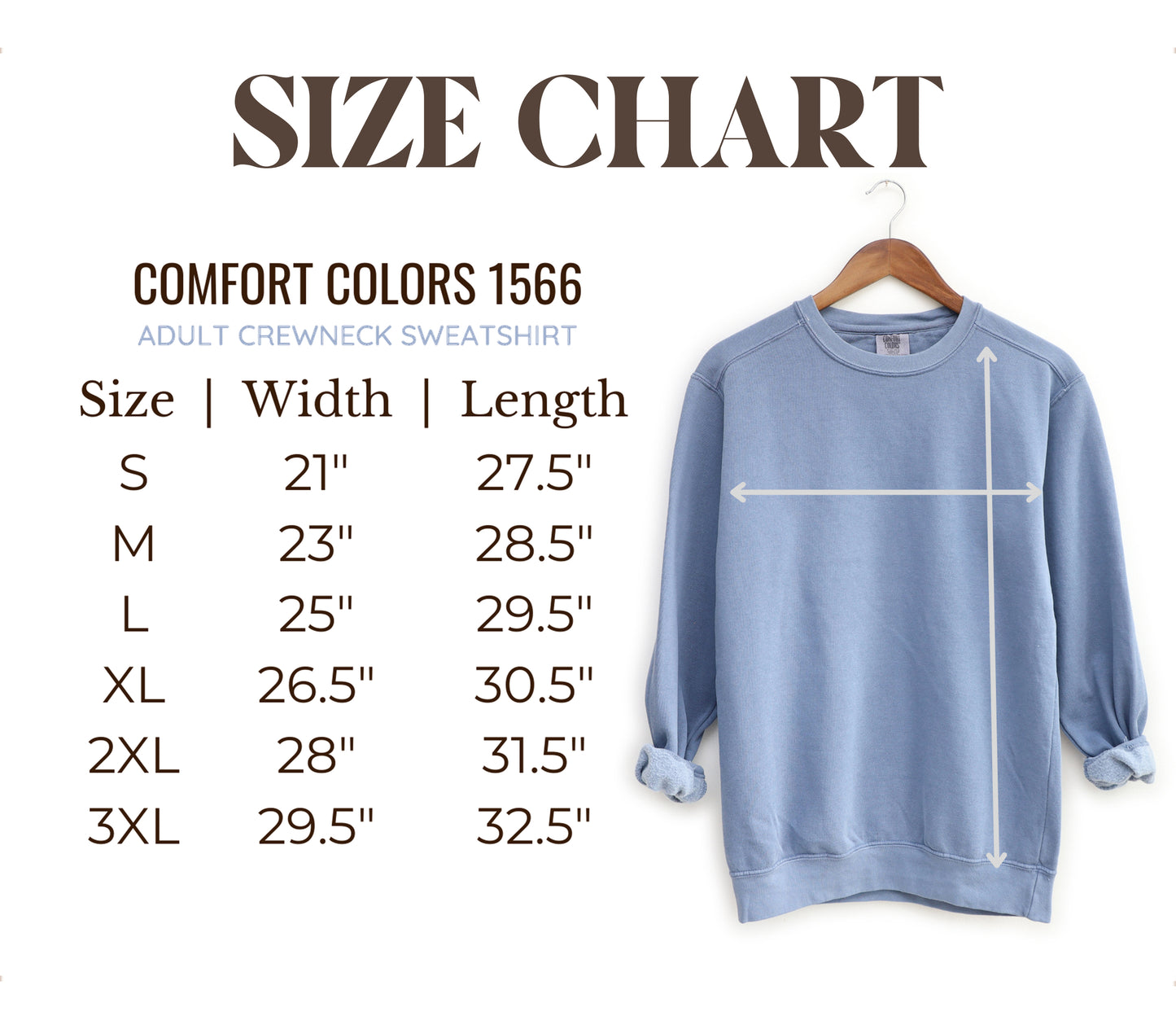 a size chart for a sweatshirt with measurements