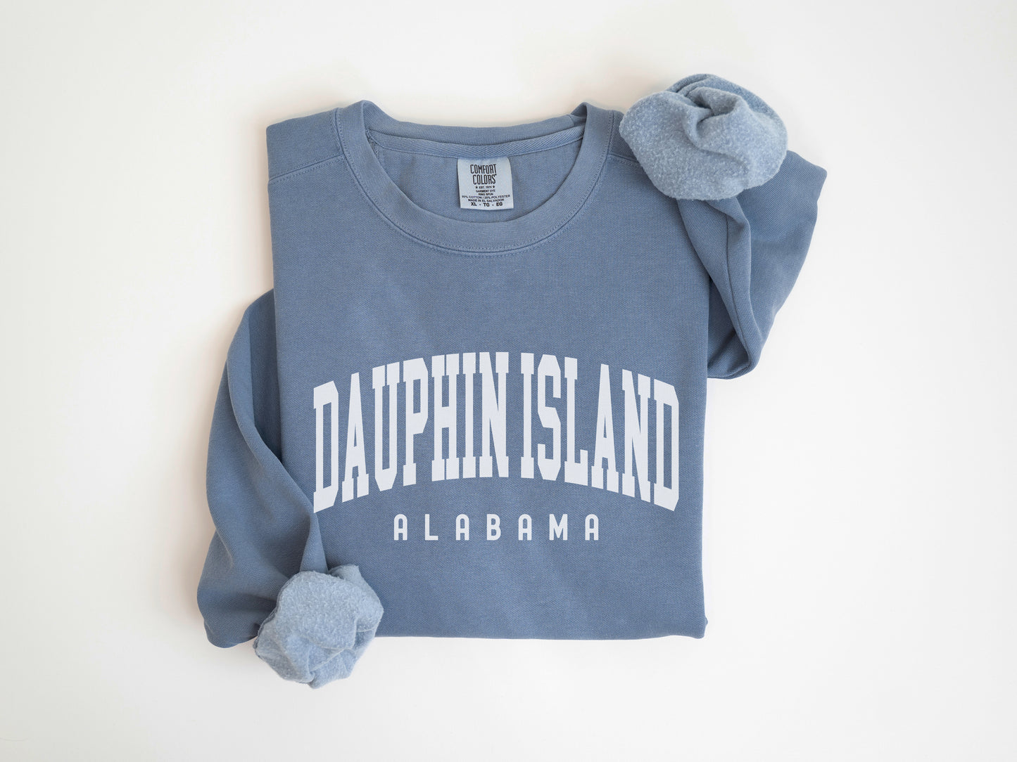 a blue sweatshirt with the words daughin island on it