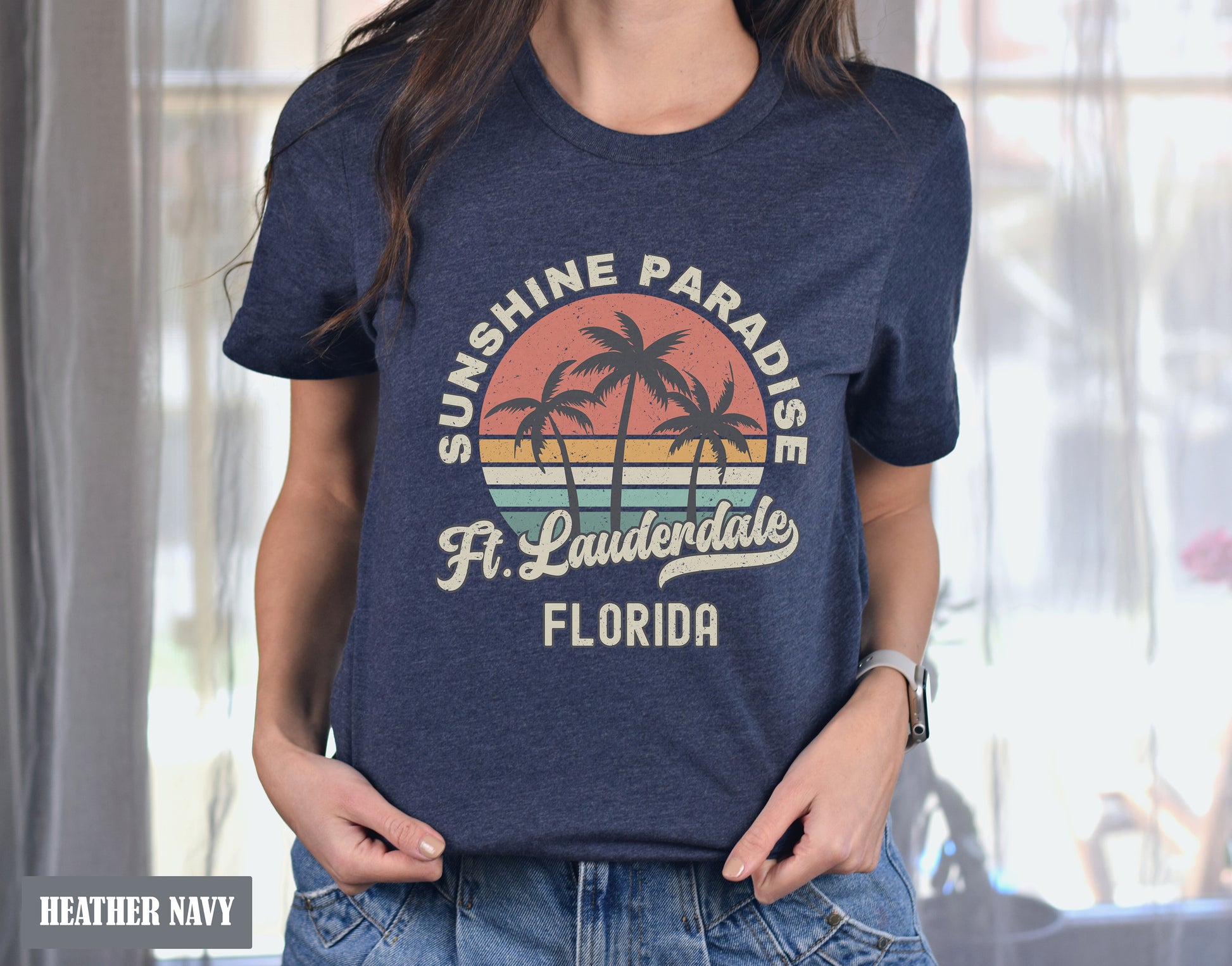 a woman wearing a blue shirt that says sunshine paradise florida