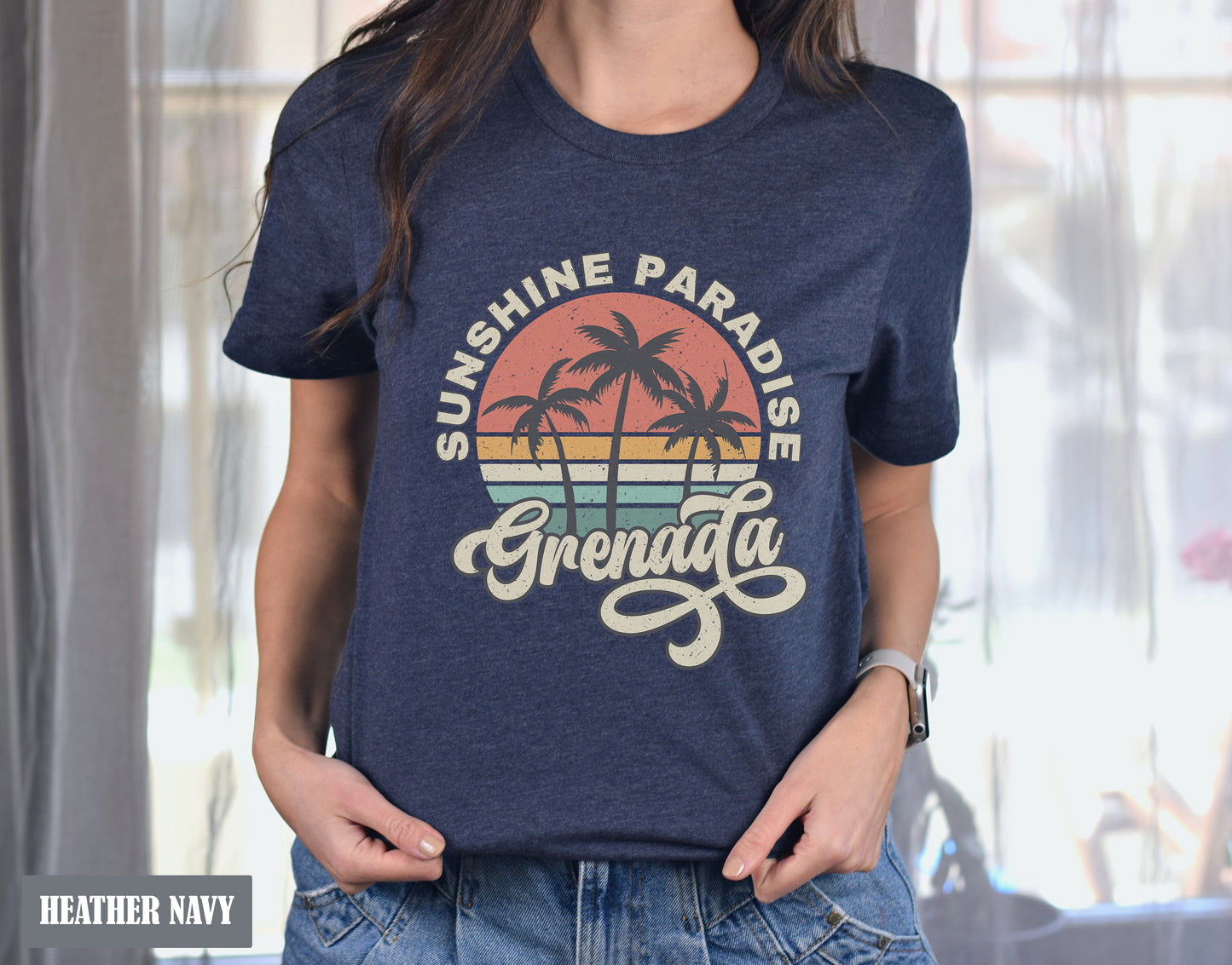 a woman standing in front of a window wearing a shirt that says sunshine paradise