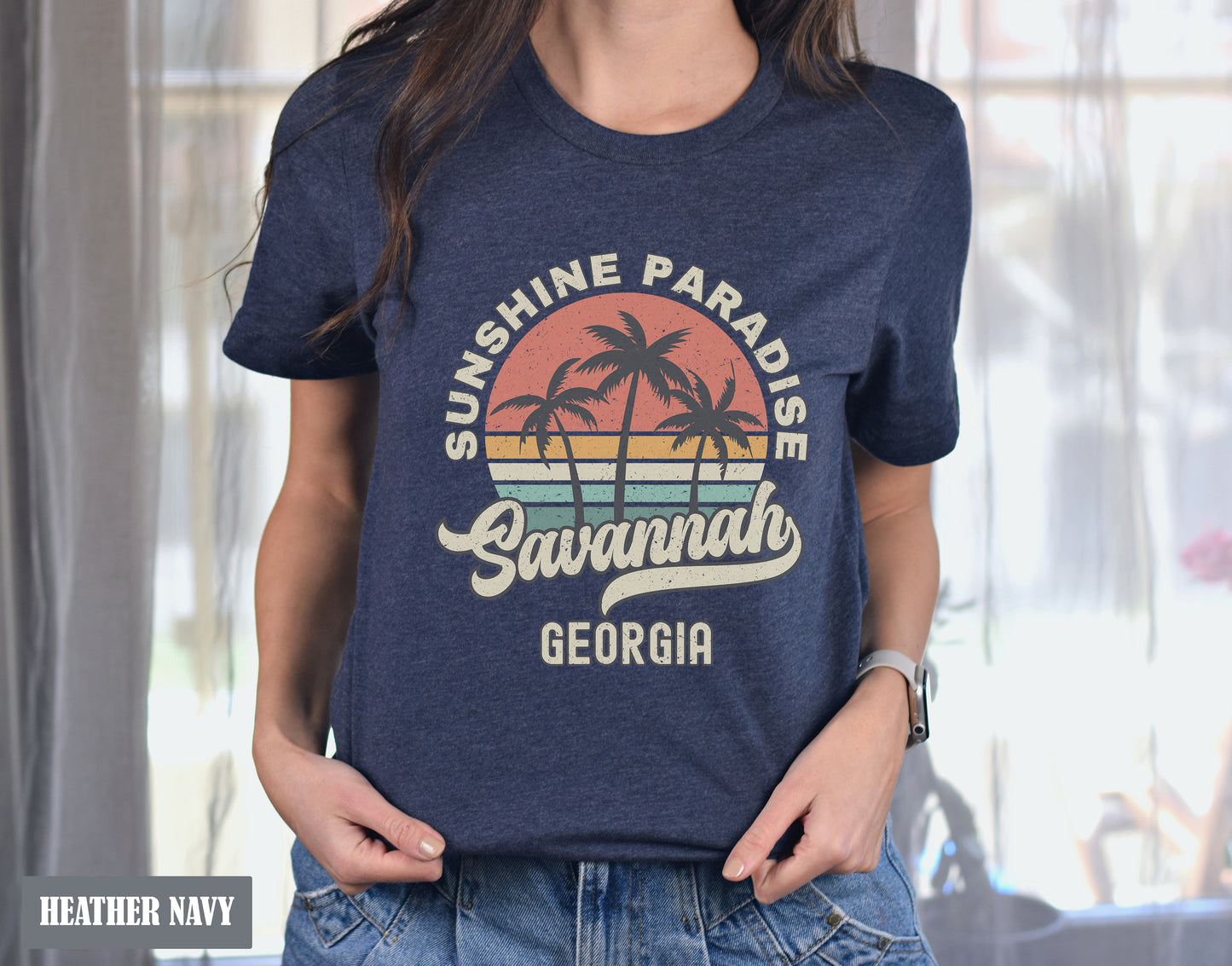 a woman wearing a blue t - shirt that says sunshine paradise, savannah, georgia