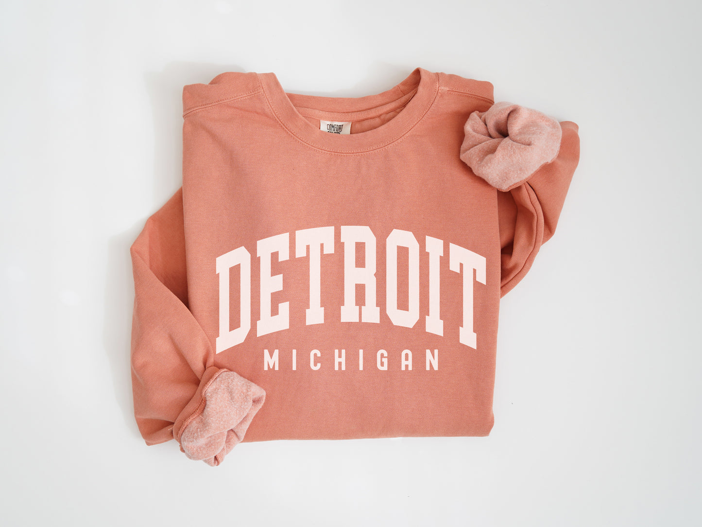 a pink sweatshirt with detroit on the front