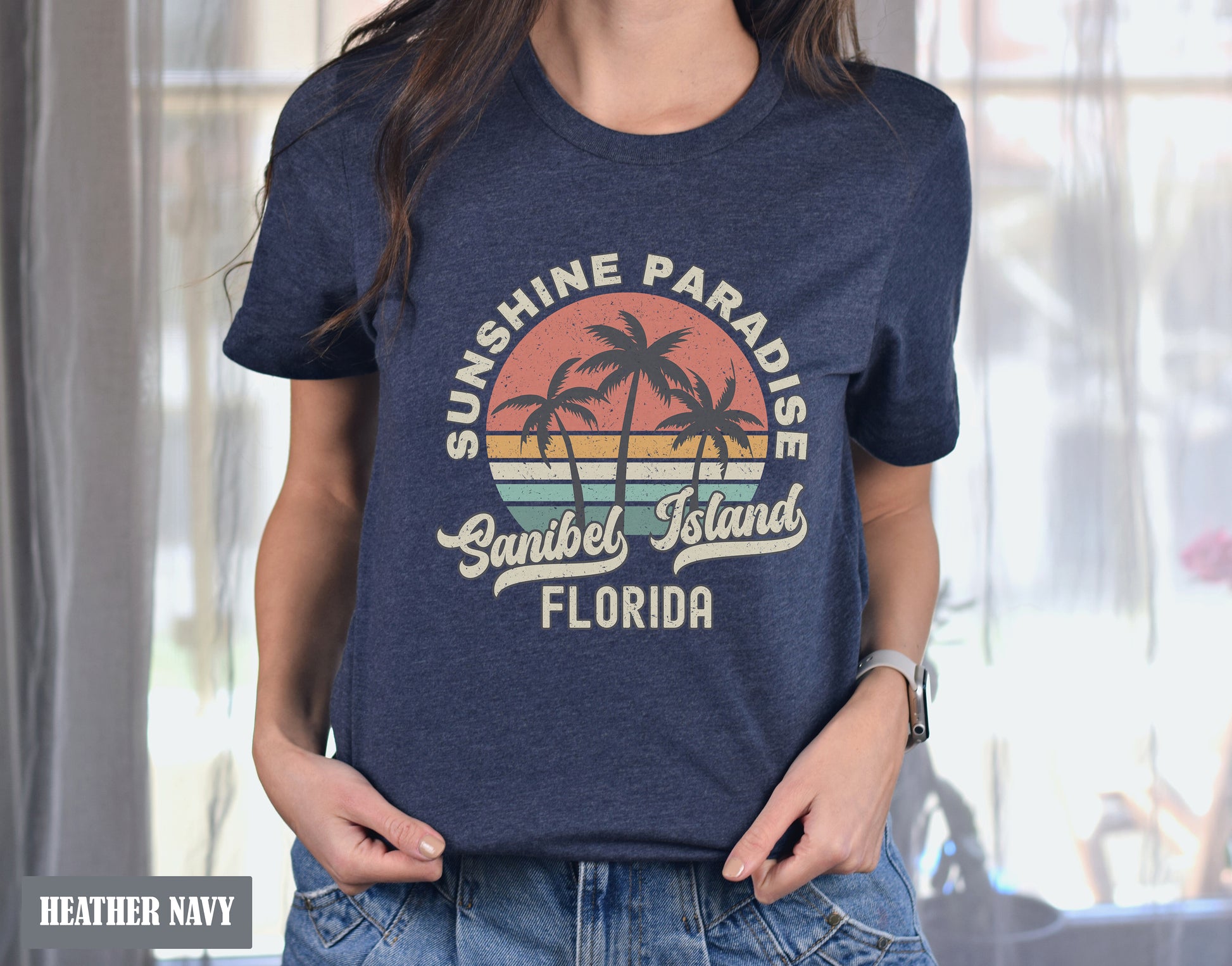 a woman wearing a blue shirt that says sunshine paradise