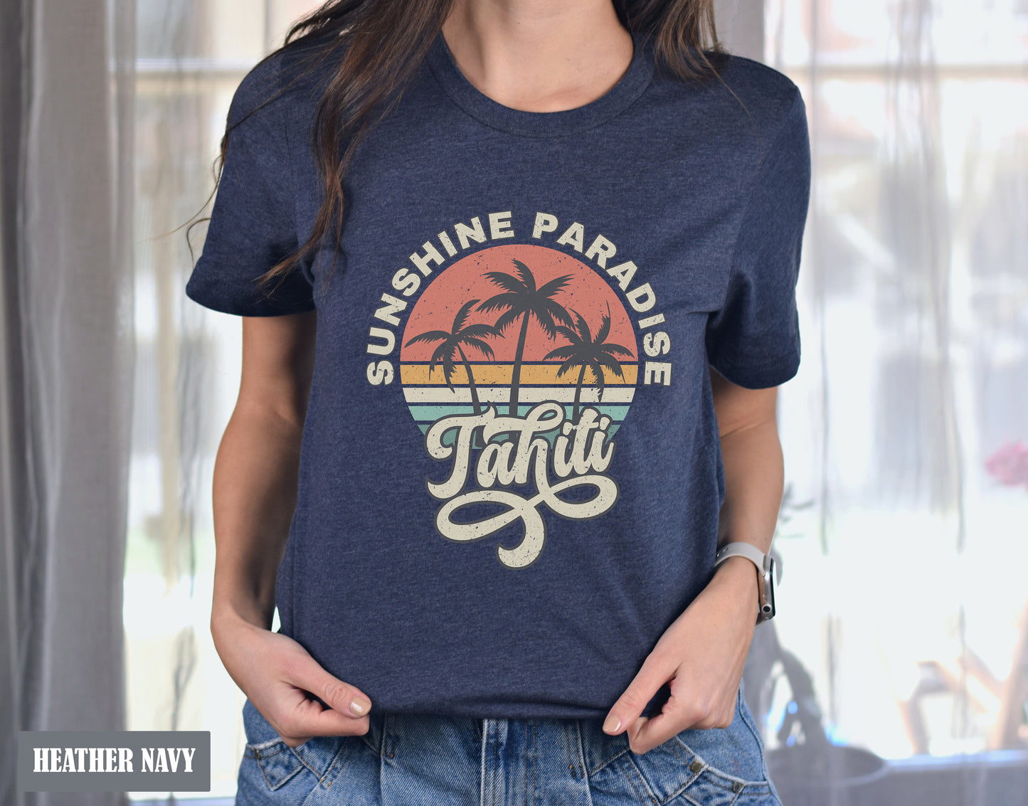 a woman wearing a t - shirt that says sunshine paradise