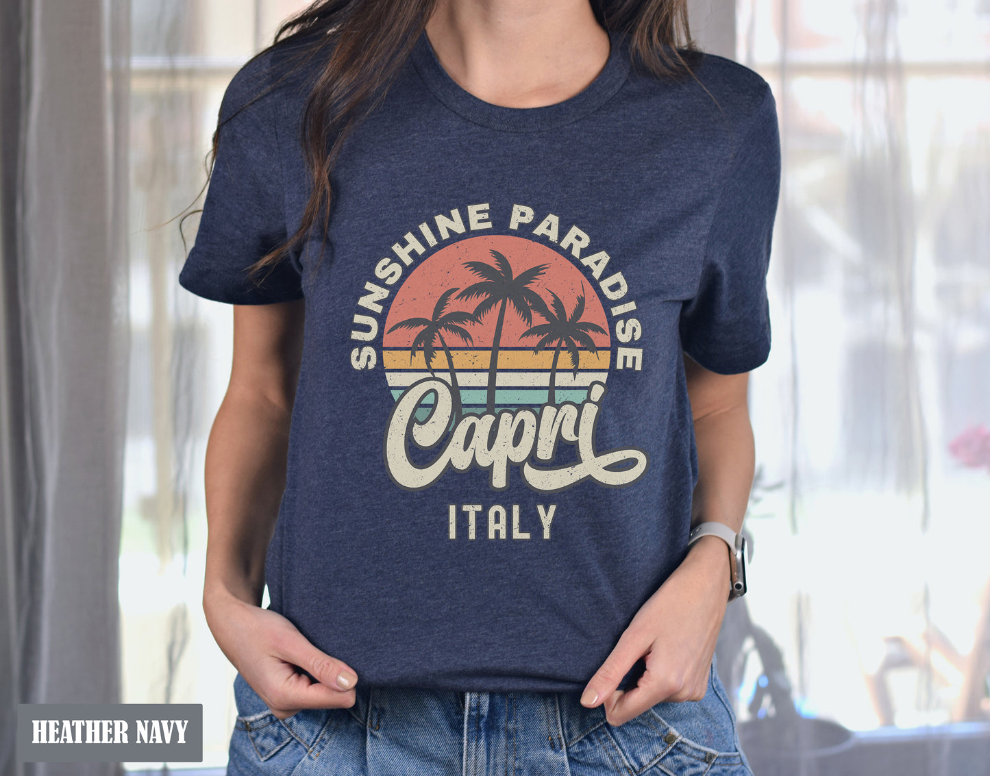 a woman wearing a t - shirt that says sunshine paradise, capri italy