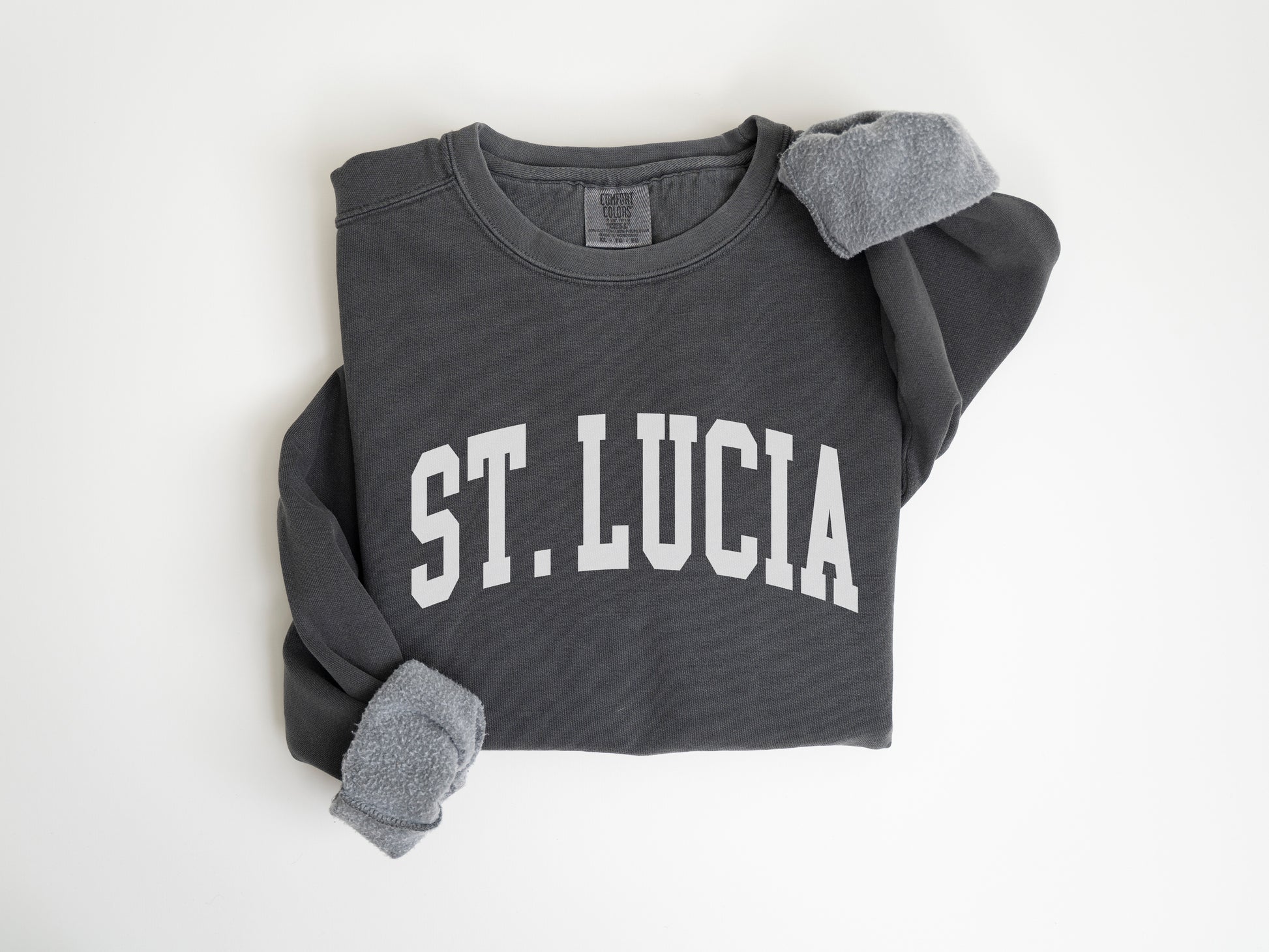 a gray sweatshirt with the word st lucia printed on it